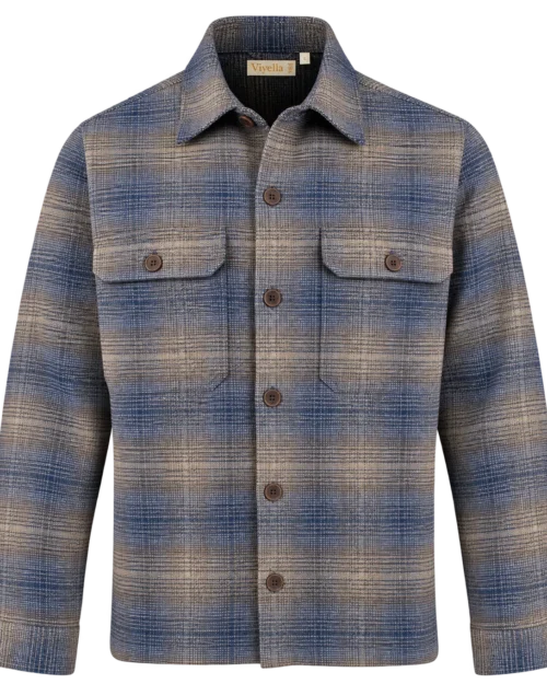 Sports Shirt Jacket Blue Brown Plaid Tweed Look